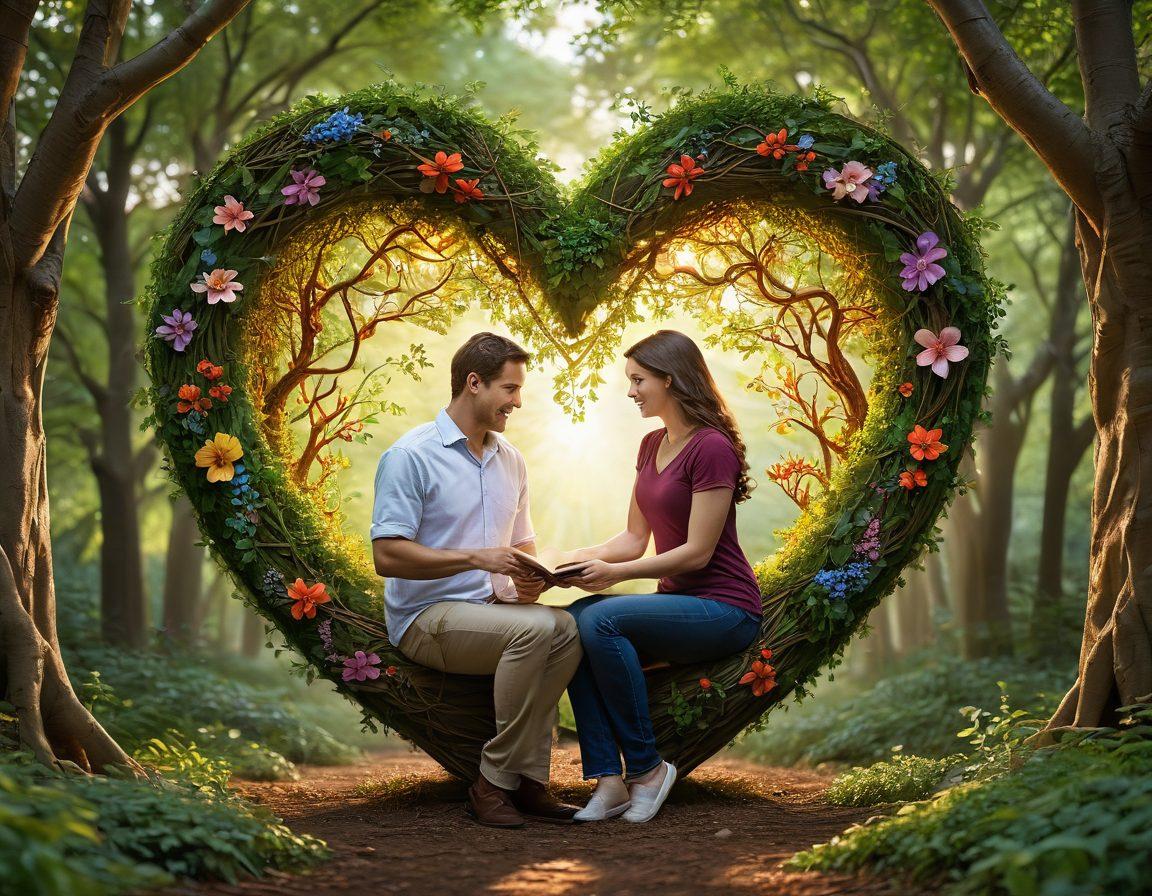 A warm, heart-shaped shield made of intertwined vines and flowers, symbolizing love and protection, with soft glowing light surrounding it. In the background, a couple holding hands under a canopy of trees, representing love and financial security. Subtle icons of coins and documents are integrated into the design, showcasing the theme of insurance. super-realistic. vibrant colors. softly blurred background.