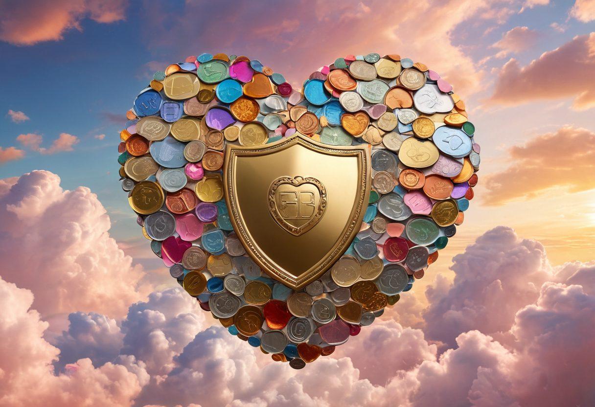 A heart-shaped shield made of coins and banknotes, symbolizing financial protection for emotional wellness. Surround the shield with soft clouds and warm pastel colors to convey love and care, with faint heart shapes in the background representing emotional connections. Include elements like a calculator and a flower blooming at the base to signify growth in both finances and relationships. super-realistic. vibrant colors. soft focus.