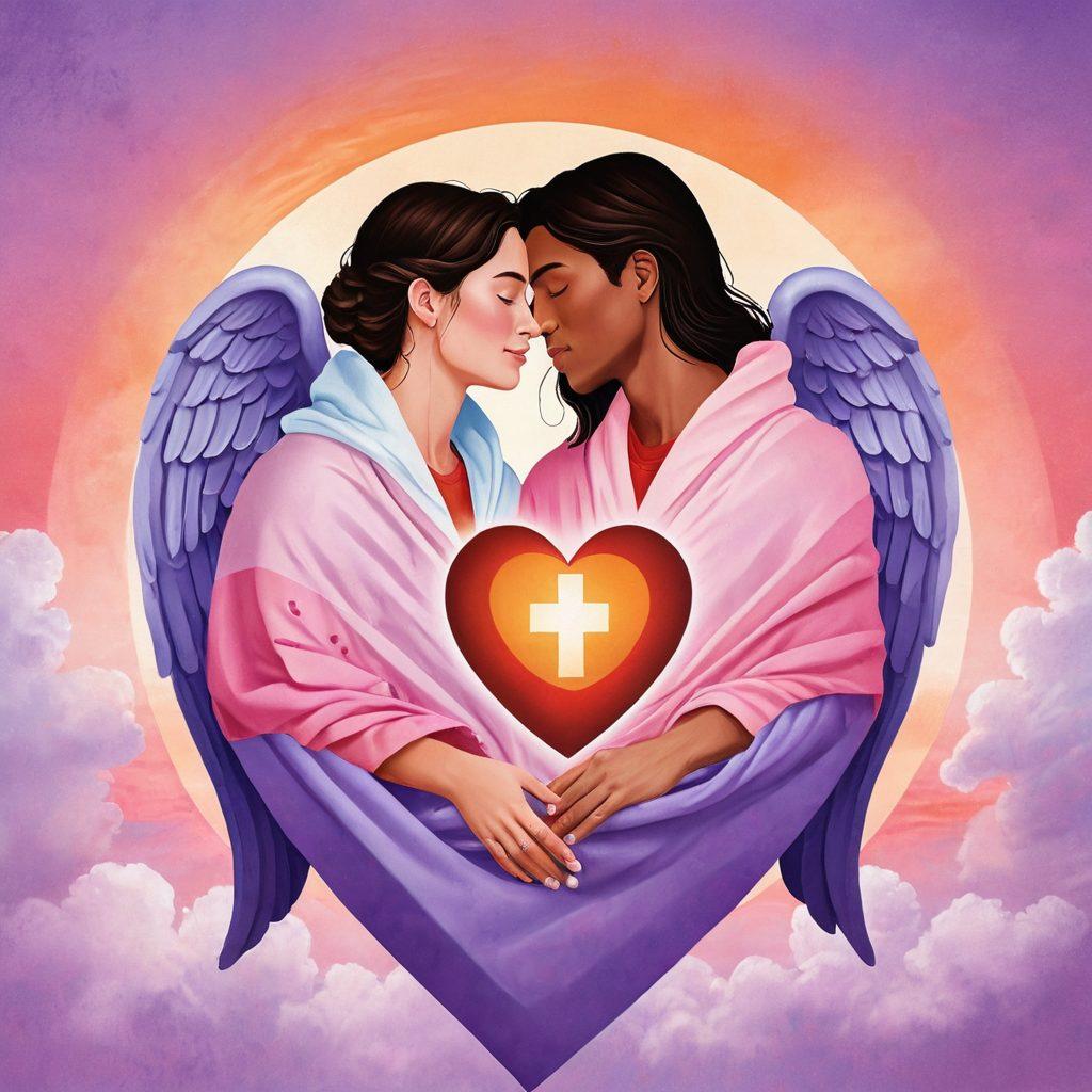 A serene scene depicting a couple sitting together under a cozy blanket, with a heart symbol composed of various insurance icons like a shield, medical cross, and dollar sign floating above them. The background features a soft sunset with warm colors, symbolizing emotional well-being and security. Include a subtle overlay of protective hands encircling the couple, symbolizing care. super-realistic. vibrant colors. calming atmosphere.